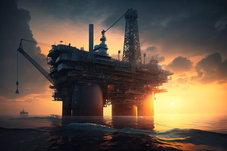 oil drilling platform in the sunset
